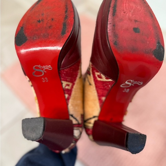 SHANS Amsterdam silk and leather ankle boots BOOTIES Burgundy and Cream - Picture 4 of 7